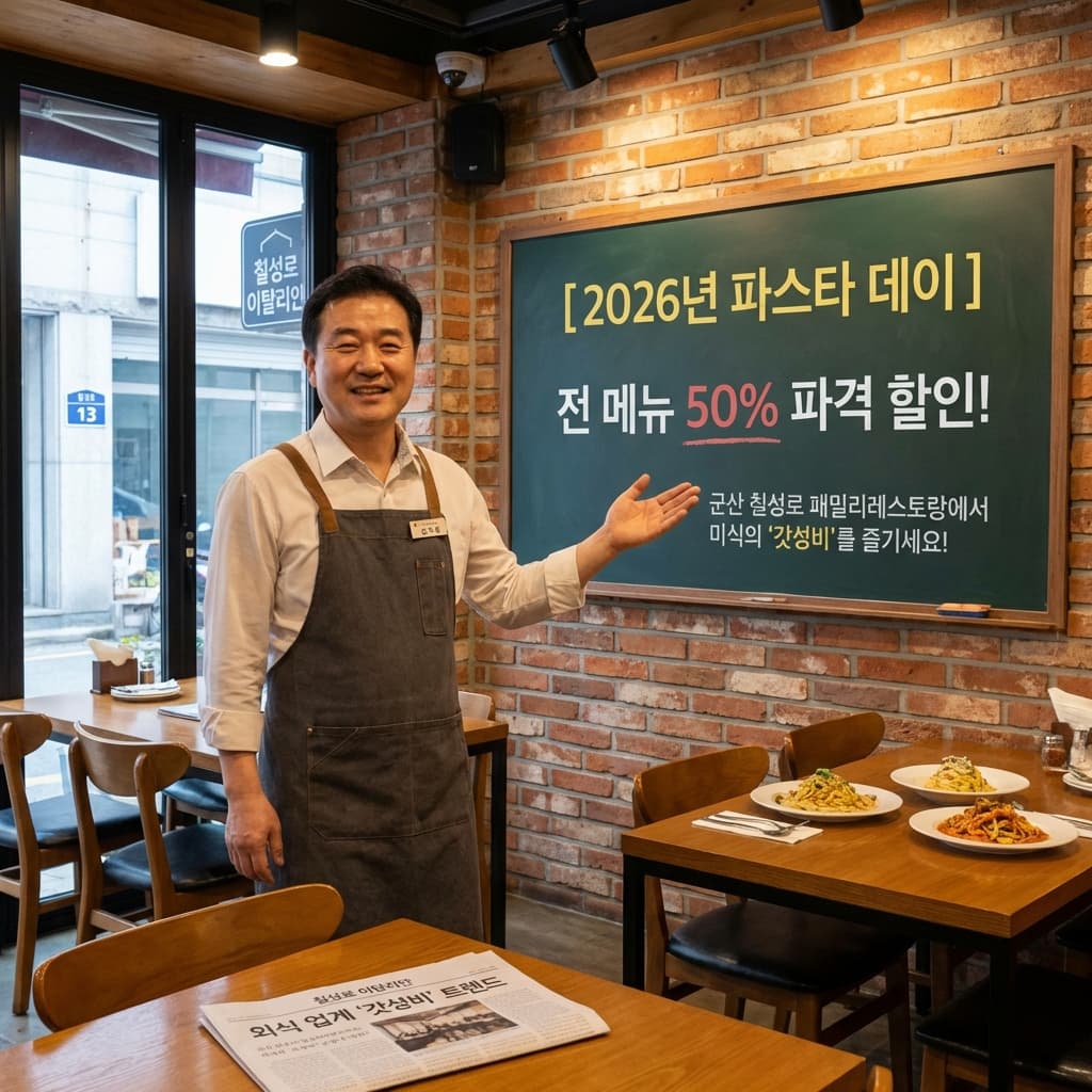 군산 칠성로 패밀리레스토랑, 파스타 전 메뉴 50% 파격 할인! (2026년 파스타 데이)